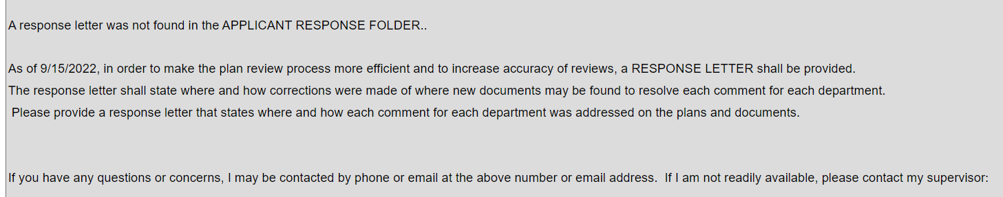 Example rejection comment for missing applicant response letter
