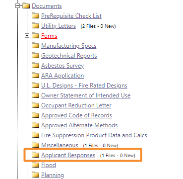 Location of Applicant Responses folder in ProjectDox